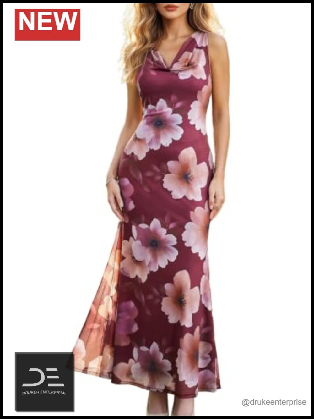 Womens Floral Mesh Formal Maxi Dress Cowl Neck Mermaid Wedding Guest
